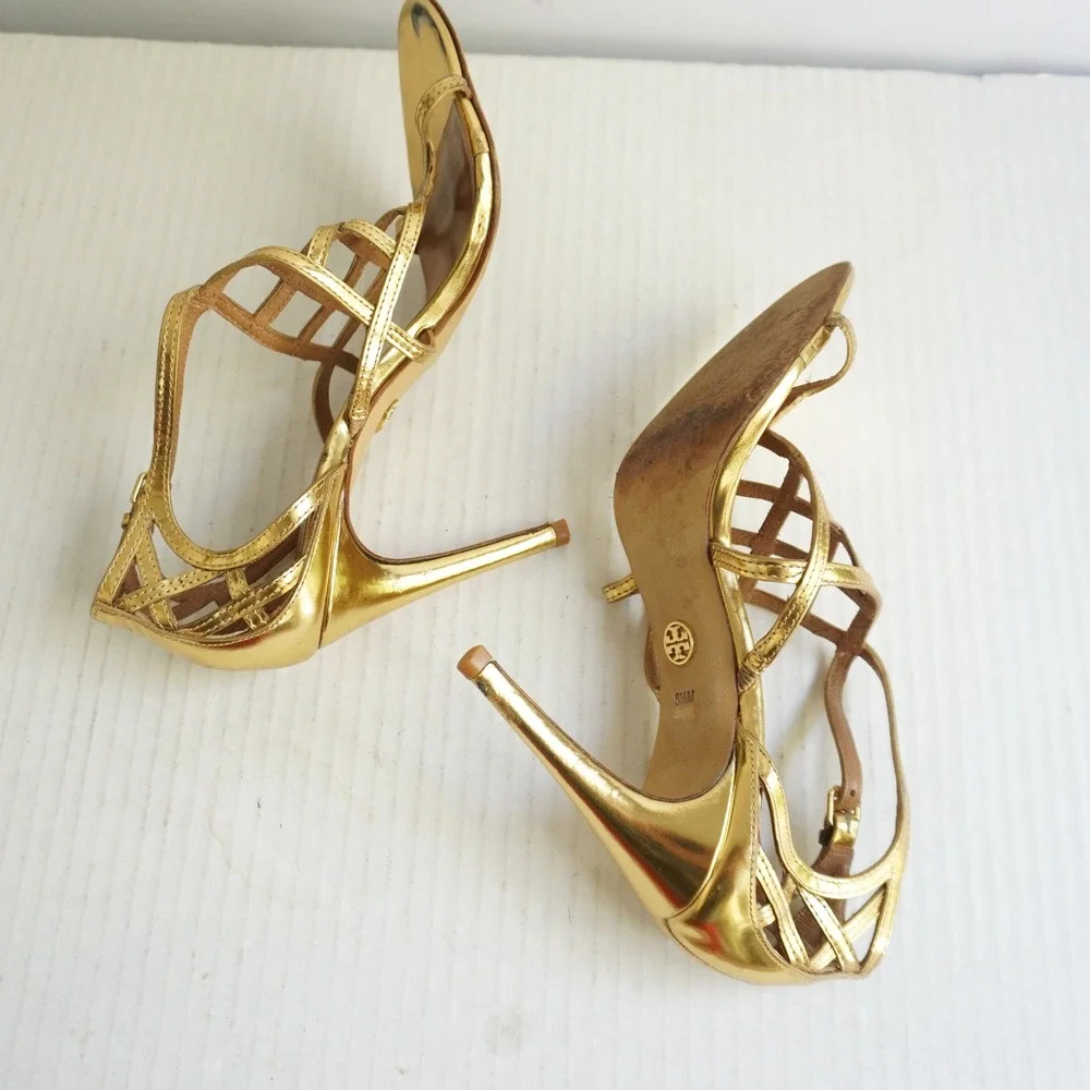 Tory Burch Amalie Metallic Cage Sandal Gold Strappy Sandals Party Shoes Prom 8.5